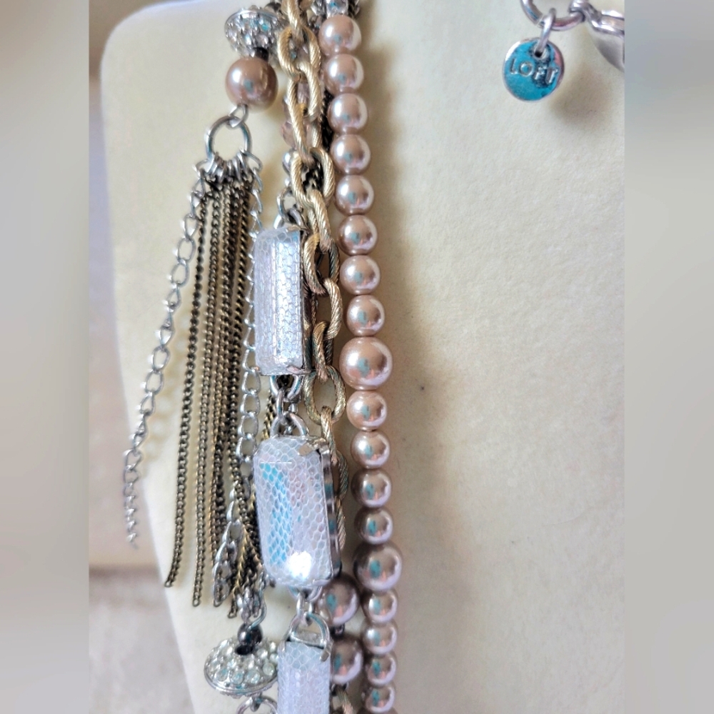 LOFT | Long Silver Tone Crystal Faux Pearl Layered Statement Necklace - Picture 9 of 13
